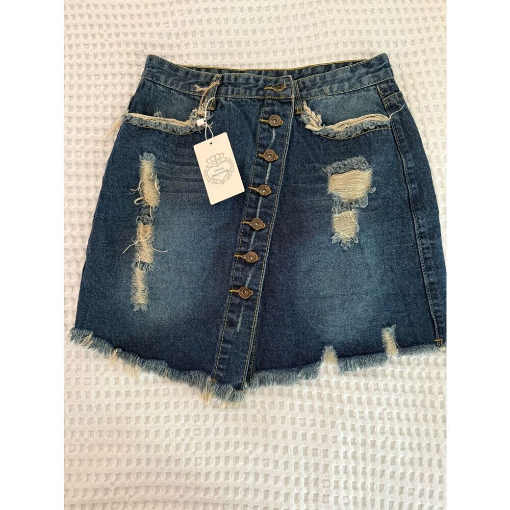 Floral Blooming Classic Distressed Dark Blue Denim Button-Front Skirt